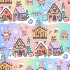 Seamless holiday pattern with hot beverage mugs, snowflakes and stars, and hand-drawn festive layout, perfect for lifestyle scenes and seasonal product presentation.