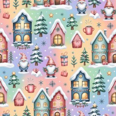 Seamless winter pattern showcasing gnome and tree characters, colorful holiday accents, and whimsical Christmas motif, suitable for branding assets and joyful celebration themes.