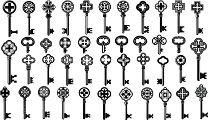 Vintage Ornate Skeleton Key Collection Vector Set: Antique Black and White Decorative Keys, Isolated on White Background for Mystery and Security Concepts.
