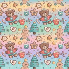 Seamless festive pattern featuring gingerbread men and candy canes, hot chocolate mugs, and light pastel backdrop, perfect for wrapping paper, textiles, and editorial holiday visuals.