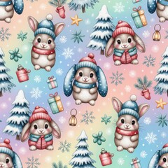 Seamless winter pattern showcasing expressive rabbit characters, colorful holiday accents, and whimsical Christmas motif, suitable for branding assets and joyful celebration themes.