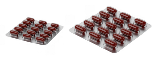 Red capsules on blister packs isolated on a transparent background pills