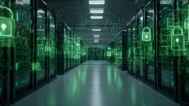 Data center corridor with server racks, glowing green padlock graphics, on dark interior background. Concept of cybersecurity and data protection