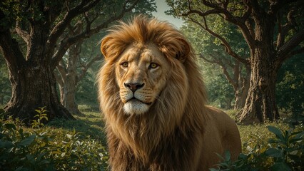 Obraz premium A majestic lion in a lush forest with tall trees and green foliage.