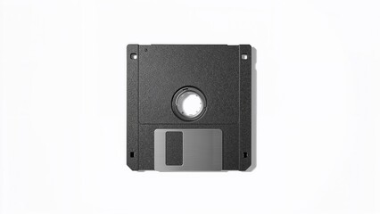 Fototapeta premium A black floppy disk with a metal sliding cover and a central hole on a white background.