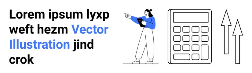 Businesswoman holding a tablet, pointing to the side, calculator and upward arrows symbolizing growth, analytics, planning, and progress. Ideal for finance, success, economy corporate education