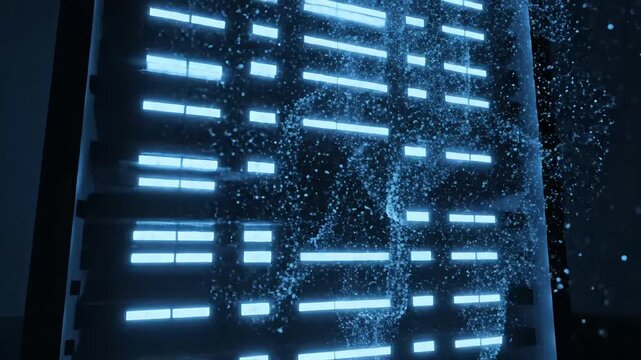 Abstract glowing digital data streams flow around a modern server rack in a dark room.