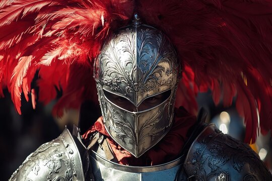medieval armor with helmet decorated with red feathers and steel visor