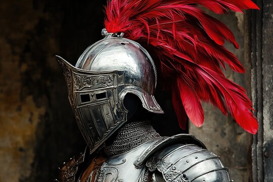 medieval armor with helmet decorated with red feathers and steel visor