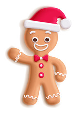 Cheerful gingerbread man cookie in a red Santa hat, waving hello. Festive Christmas character with icing details and a bow tie.