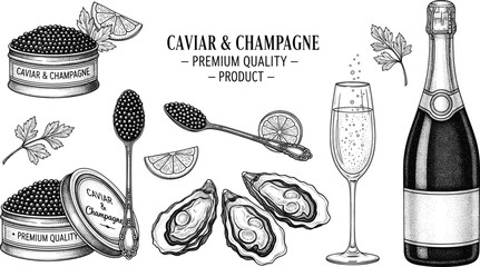 Hand drawn black and white gourmet illustration featuring caviar tins, champagne bottle, oysters, lemon wedges, and elegant presentation © Silent Soul
