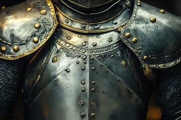 medieval armor with shining silver plates and gold trim