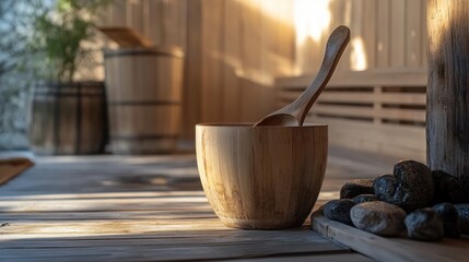 Rustic Sauna Still Life with Wooden Bowl and Spoon.