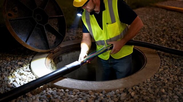 Technician carefully guides fiber optic cable through underground conduit ensuring seamless highspeed internet connectivity installation