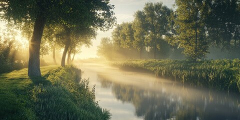Serene River Scene with Morning Mist and Sunlight.