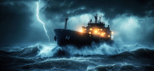 Ship navigating through a stormy sea with lightning strikes.