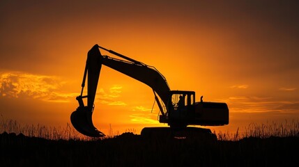 Silhouette of an excavator against a vibrant sunset sky.