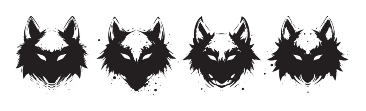Four stylized wolf heads with fierce expressions are depicted in a grunge ink splatter art style, showcasing wild animal strength and a powerful, mysterious aura.