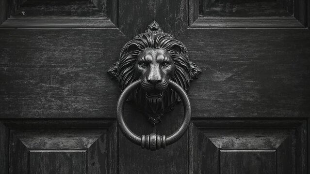 A black door with a lion's head door knocker.