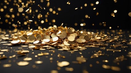 Golden Confetti Falling on Black Background
