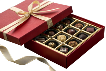 An elegant red gift box filled with an assortment of gourmet chocolates, beautifully arranged and tied with a golden ribbon, perfect for any special occasion