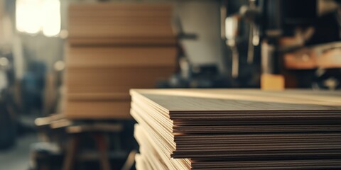 Stacks of Plywood Sheets in a Manufacturing Setting.
