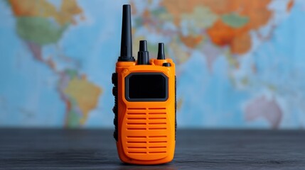 Snowstorm for travel warning, A bright orange walkie-talkie stands against a blurred world map background, showcasing its modern design and utility for communication.