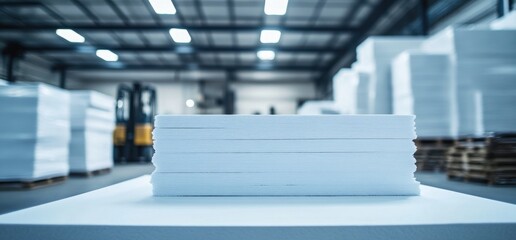 Stacks of White Paper in a Warehouse with Forklift.