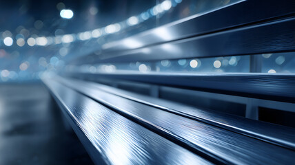 Obraz premium Empty stadium bleachers with metal benches under night lights