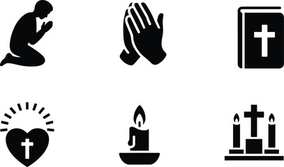 Fototapeta premium Christian pray icon set with bible, candle, heart, and worshipping individuals
