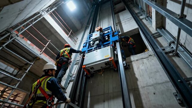 Medium shot of workers installing hoisting machinery inside a highrise elevator shaft under construction