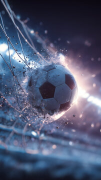 Soccer ball smashing into goal net with explosive impact