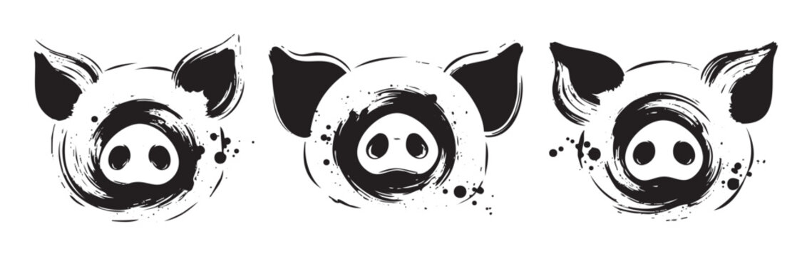 Three stylized pig faces with artistic brushstroke texture, creating a modern and expressive graphic design element for various creative projects.
