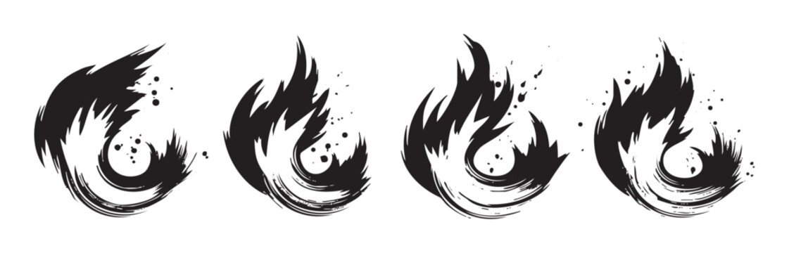 Dynamic ink brush flames vector illustration set depicting stylized fiery elements with energetic black strokes and artistic splatters.