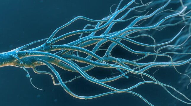 High-magnification visualization of a motile bacterium such as Salmonella, using long whip-like flagella to propel itself through liquid, highlighting microbial structure and movement.
