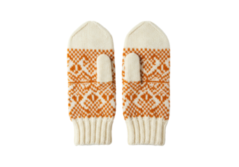 Perfectly symmetrical pair of chunky, handcrafted merino wool mittens, white with burnt orange geometric jacquard pattern, isolated on a high-key background with copy space. Concept of artisan winter