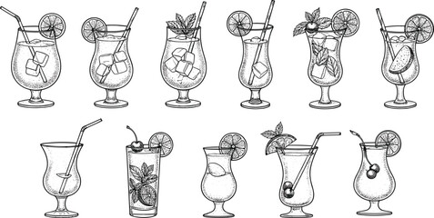 Cocktail glass vector illustration featuring diverse drinks, garnishes, ice, fruit, mint, straws, and artistic beverage presentation. © Silent Soul