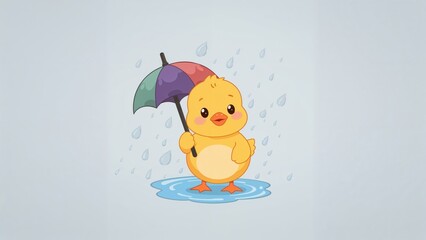 Cute duckling with umbrella in rain, standing in water, cartoon style.