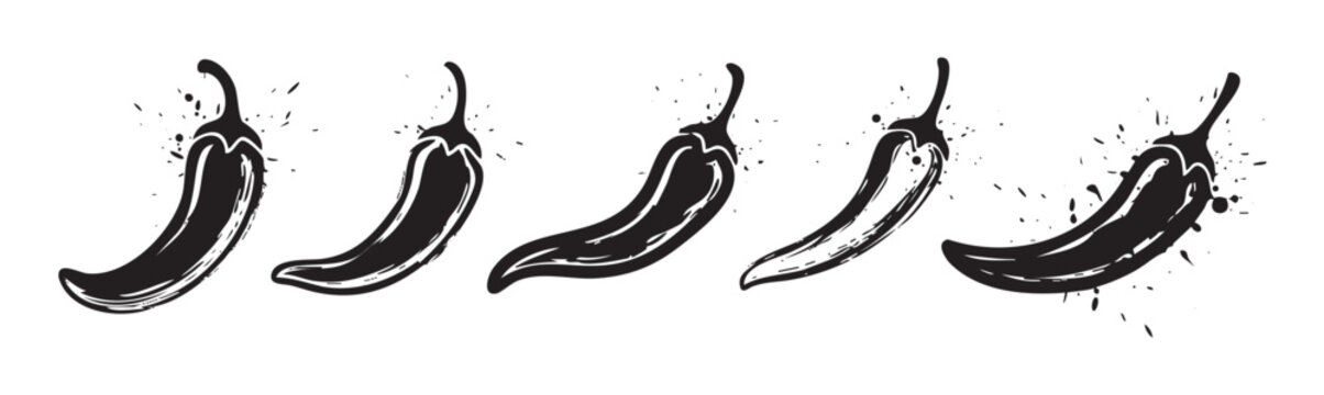Five black chili peppers with a hand-drawn grunge style and ink splash effect, arranged horizontally as a spicy food illustration.