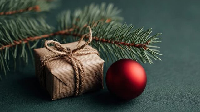 Minimalist Christmas gift wrapped in craft paper with a red bauble and pine branch on a dark background for festive holiday designs