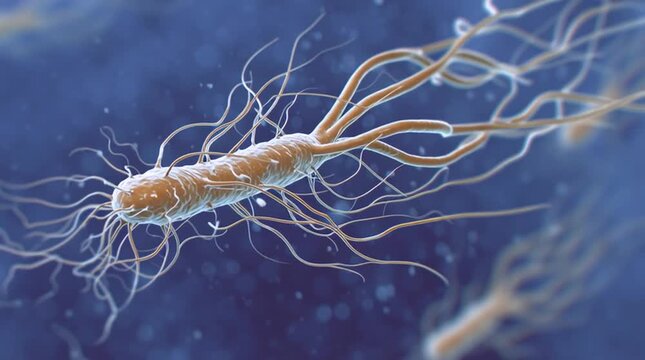 High-magnification visualization of a motile bacterium such as Salmonella, using long whip-like flagella to propel itself through liquid, highlighting microbial structure and movement.
