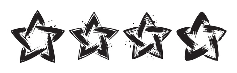 Four stylized brushstroke stars with an artistic grunge effect are presented in a row, featuring a dynamic hand-drawn texture and ink splatters.