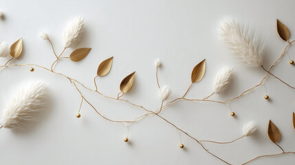 A gold and white wreath with leaves and gold beads