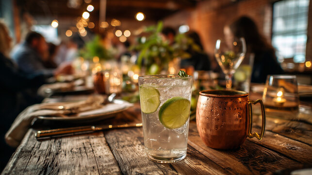 a low angle view at a rustic wood food hall restaurant table, focus on the drinks at the table glass of soda with lime, a copper mug, wine glass , people at table before dinner, plates, silverware