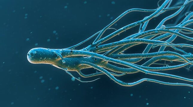 High-magnification visualization of a motile bacterium such as Salmonella, using long whip-like flagella to propel itself through liquid, highlighting microbial structure and movement.
