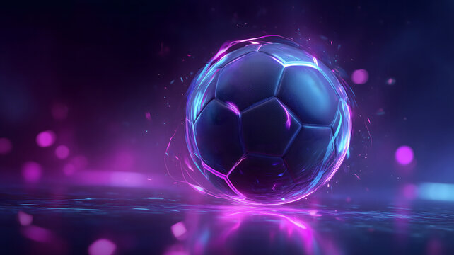 Futuristic neon soccer ball with glowing energy on dark background