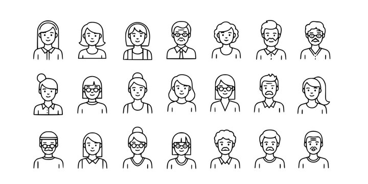 Diverse people icons set line art avatar collection. 