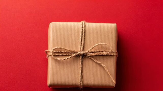 A minimalist gift box wrapped in brown kraft paper and tied with natural twine presented on a vibrant red background for holiday promotions or e-commerce