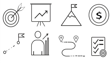 Business Strategy Line Icons Set for Planning, Goal Tracking and Growth Reports