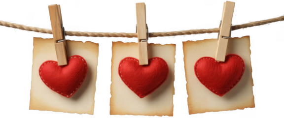 Red leather hearts on burnt paper clips isolated on a transparent background
